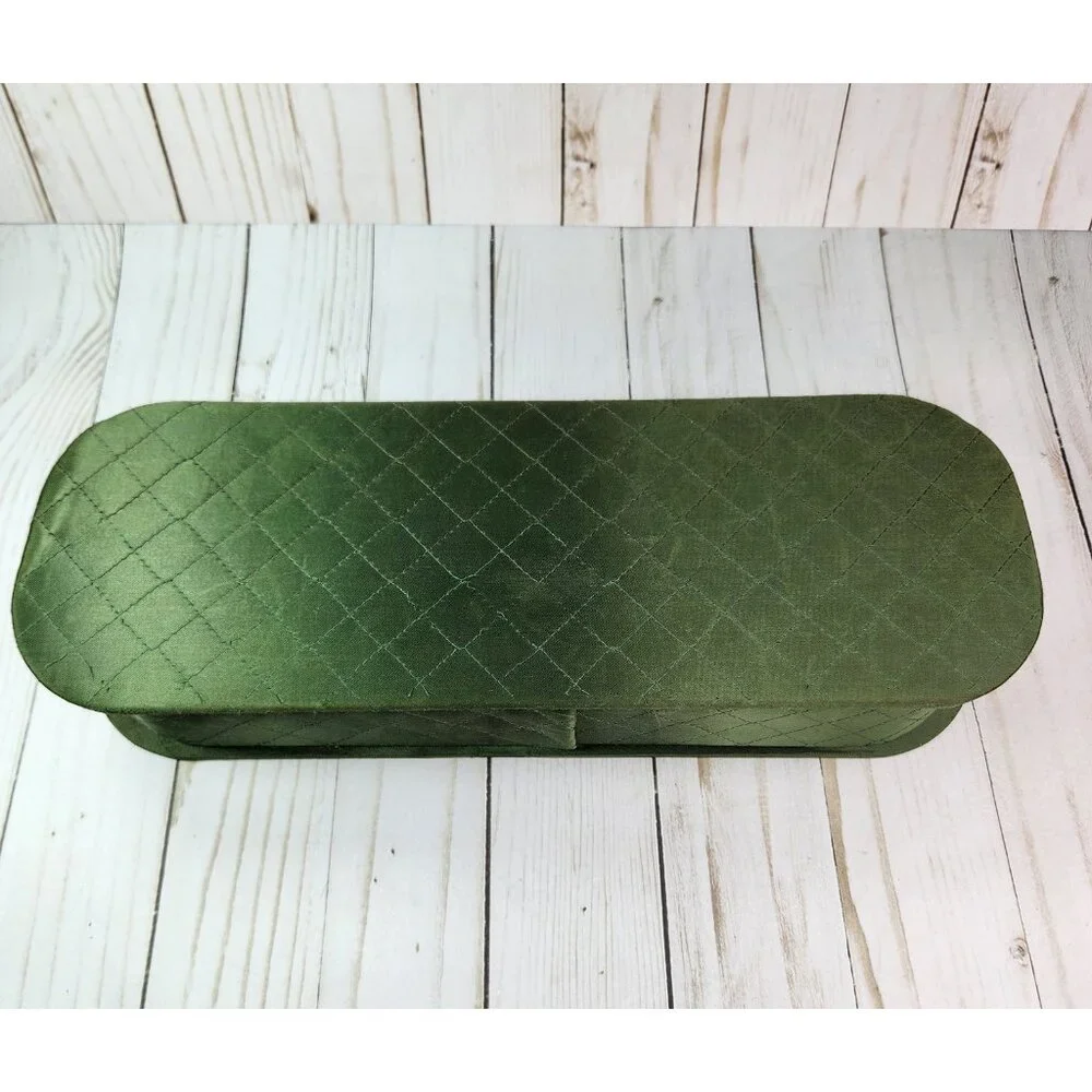 Quilted Green Satin Vanity Box Gloves Hankie Scarf Vintage 13.5 in *READ*